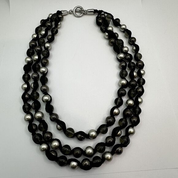 Multi Strand Statement Ribbon Necklace with Silver Black Clear Glass Beads 22" - Picture 10 of 14